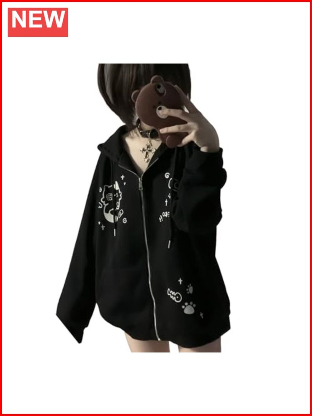 Y2K Zip Up Cat Ear Graphic Hoodie Oversized Streetwear Jacket